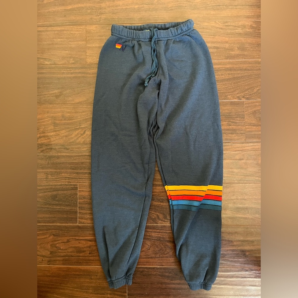 Aviator Nation Navy Blue Joggers with colorful stripes